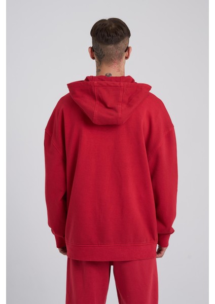 Erkek Yıkamalı Nakışlı Kapüşonlu Oversize Kırmızı Sweatshirt