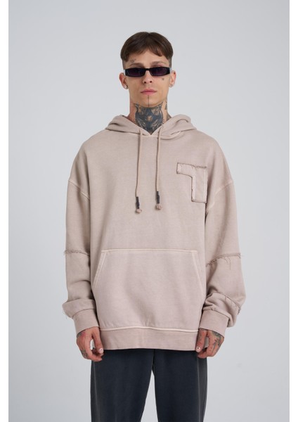 Erkek Yıkamalı No 7 Kapüşonlu Oversize Bej Sweatshirt