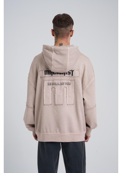 Erkek Yıkamalı No 7 Kapüşonlu Oversize Bej Sweatshirt