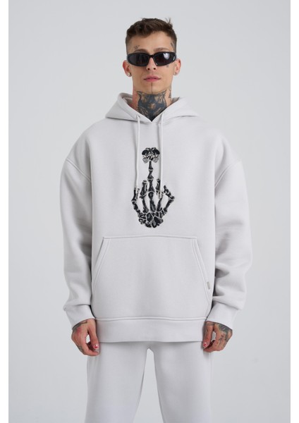 Erkek Middle Finger Baskılı Kapüşonlu Oversize Açık Gri Sweatshirt