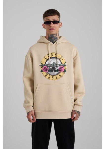 Erkek Guns Baskılı Kapüşonlu Oversize Açık Bej Sweatshirt