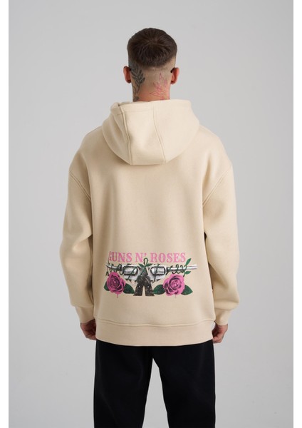 Erkek Guns Baskılı Kapüşonlu Oversize Açık Bej Sweatshirt