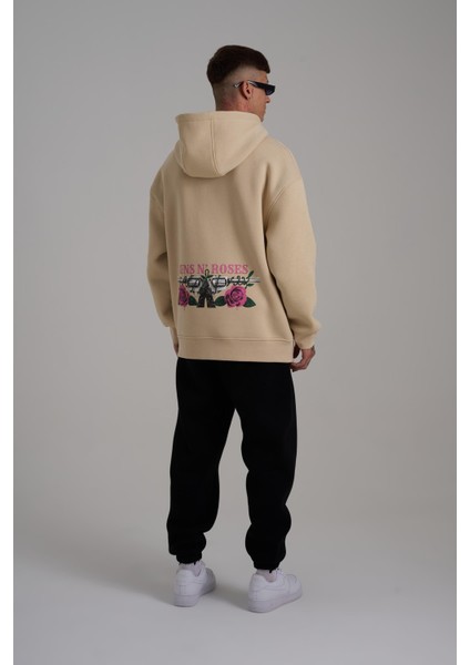 Erkek Guns Baskılı Kapüşonlu Oversize Açık Bej Sweatshirt