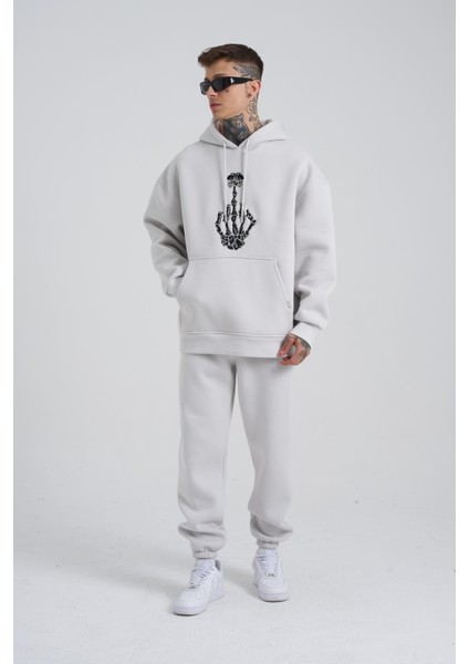 Erkek Middle Finger Baskılı Kapüşonlu Oversize Açık Gri Sweatshirt