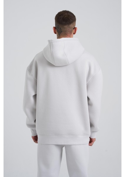 Erkek Middle Finger Baskılı Kapüşonlu Oversize Açık Gri Sweatshirt