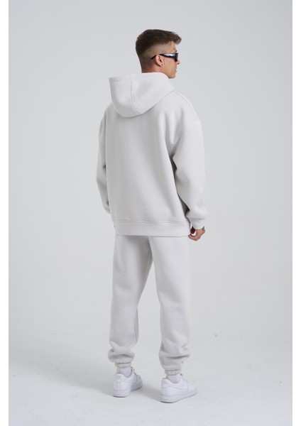 Erkek Middle Finger Baskılı Kapüşonlu Oversize Açık Gri Sweatshirt