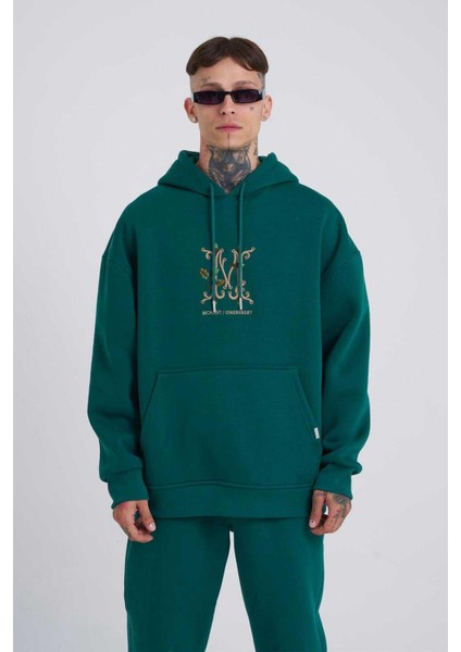 Erkek Naskışlı Kapüşonlu Oversize Petrol Yeşili Sweatshirt