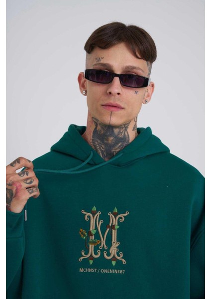Erkek Naskışlı Kapüşonlu Oversize Petrol Yeşili Sweatshirt