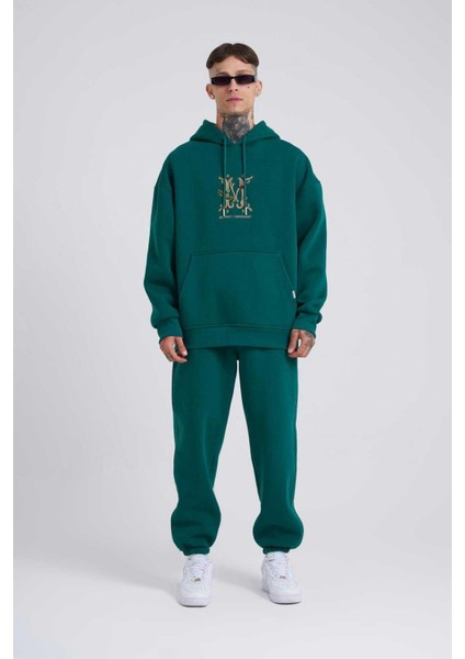 Erkek Naskışlı Kapüşonlu Oversize Petrol Yeşili Sweatshirt