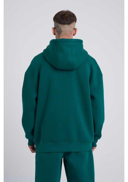 Erkek Naskışlı Kapüşonlu Oversize Petrol Yeşili Sweatshirt