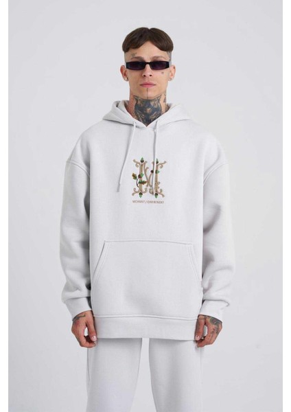 Erkek Naskışlı Kapüşonlu Oversize Gri Sweatshirt