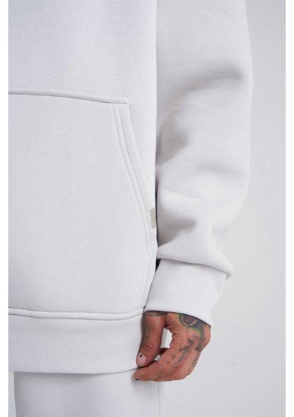 Erkek Naskışlı Kapüşonlu Oversize Gri Sweatshirt
