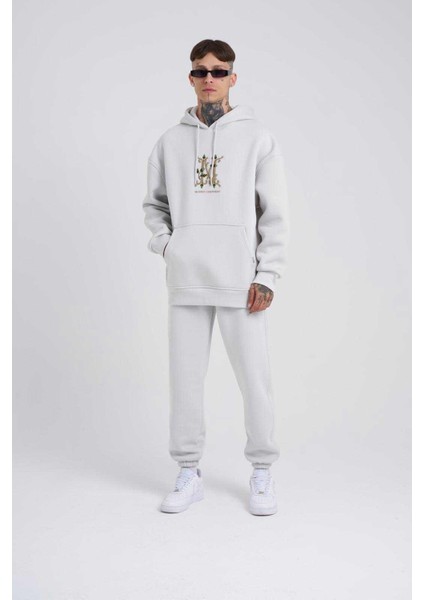 Erkek Naskışlı Kapüşonlu Oversize Gri Sweatshirt