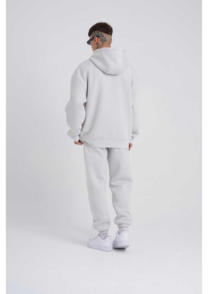 Erkek Naskışlı Kapüşonlu Oversize Gri Sweatshirt
