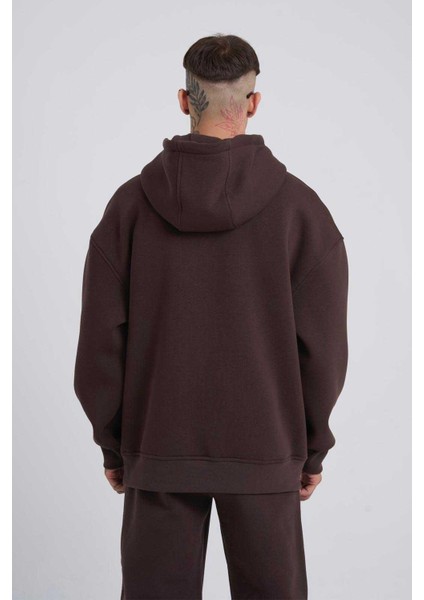Erkek Naskışlı Kapüşonlu Oversize Kahverengi Sweatshirt