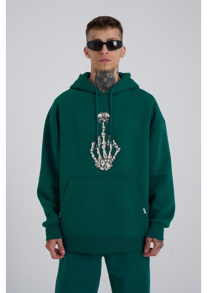 Erkek Middle Finger Baskılı Kapüşonlu Oversize Petrol Yeşili Sweatshirt