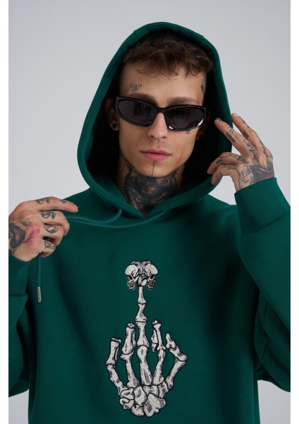 Erkek Middle Finger Baskılı Kapüşonlu Oversize Petrol Yeşili Sweatshirt