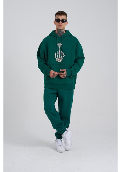 Erkek Middle Finger Baskılı Kapüşonlu Oversize Petrol Yeşili Sweatshirt