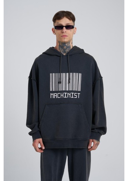 Erkek Yıkamalı Barkod Baskılı Kapüşonlu Oversize Siyah Sweatshirt