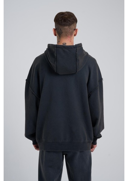 Erkek Yıkamalı Barkod Baskılı Kapüşonlu Oversize Siyah Sweatshirt