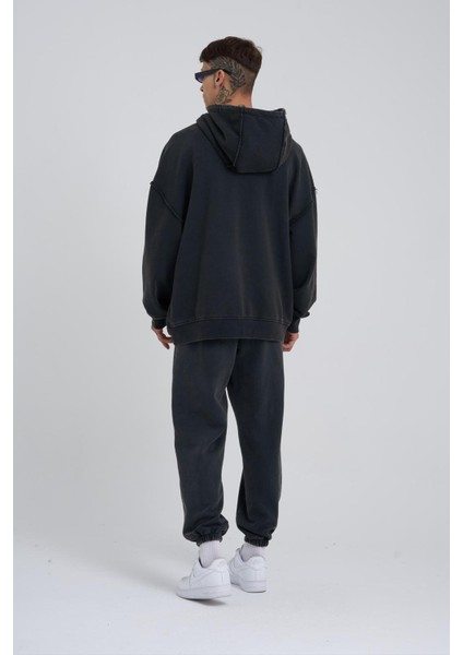 Erkek Yıkamalı Barkod Baskılı Kapüşonlu Oversize Siyah Sweatshirt