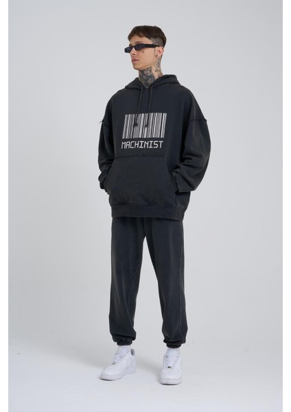 Erkek Yıkamalı Barkod Baskılı Kapüşonlu Oversize Siyah Sweatshirt