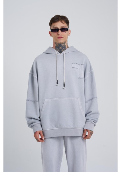 Erkek Yıkamalı No 7 Kapüşonlu Oversize Antrasit Sweatshirt