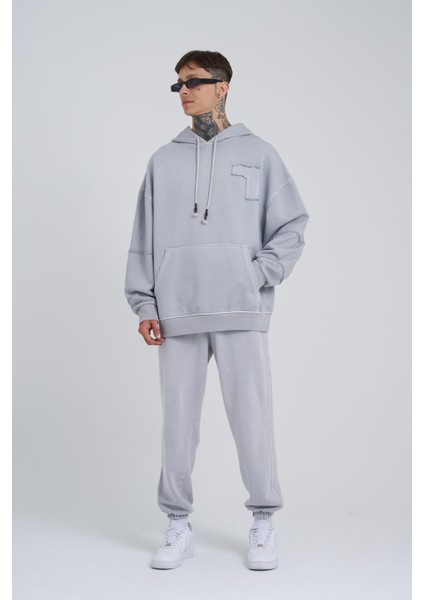 Erkek Yıkamalı No 7 Kapüşonlu Oversize Antrasit Sweatshirt