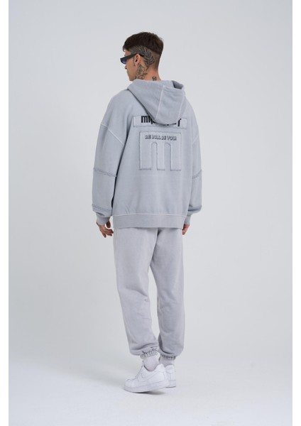 Erkek Yıkamalı No 7 Kapüşonlu Oversize Antrasit Sweatshirt