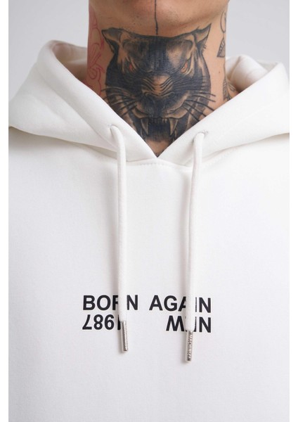 Erkek Born Again Baskılı Kapüşonlu Oversize Ekru Sweatshirt