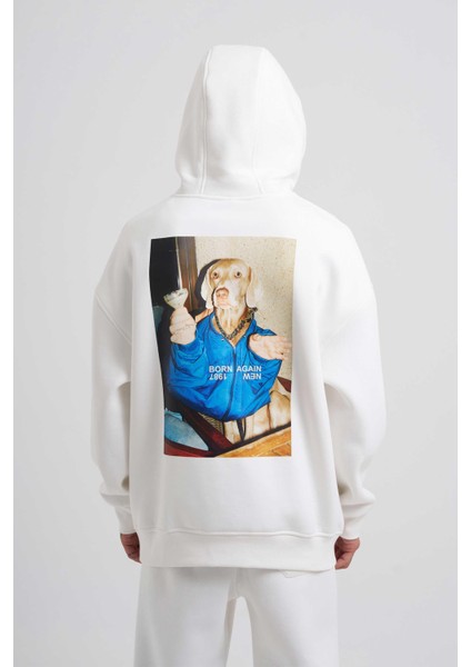 Erkek Born Again Baskılı Kapüşonlu Oversize Ekru Sweatshirt
