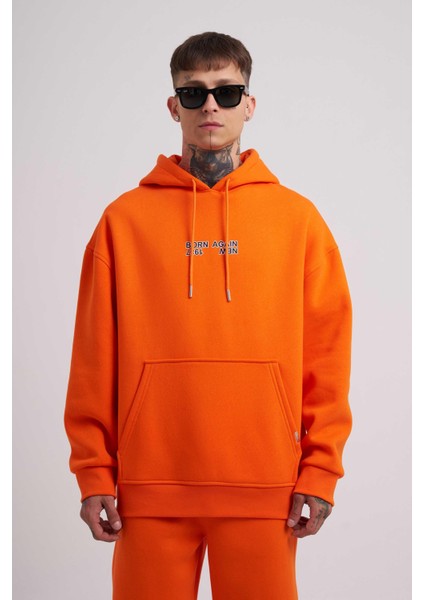 Erkek Born Again Baskılı Kapüşonlu Oversize Turuncu Sweatshirt