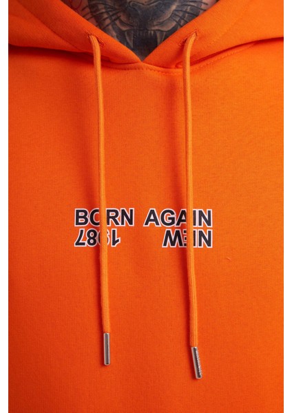 Erkek Born Again Baskılı Kapüşonlu Oversize Turuncu Sweatshirt