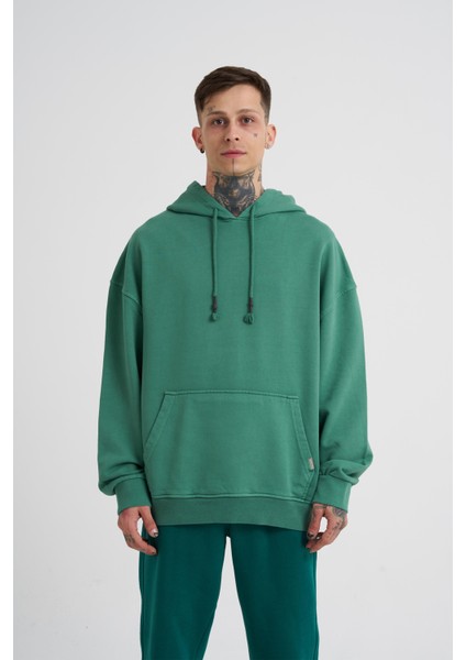 Erkek Basic Solid Kapüşonlu Oversize Yeşil Sweatshirt