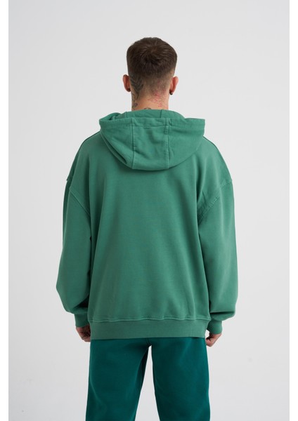 Erkek Basic Solid Kapüşonlu Oversize Yeşil Sweatshirt