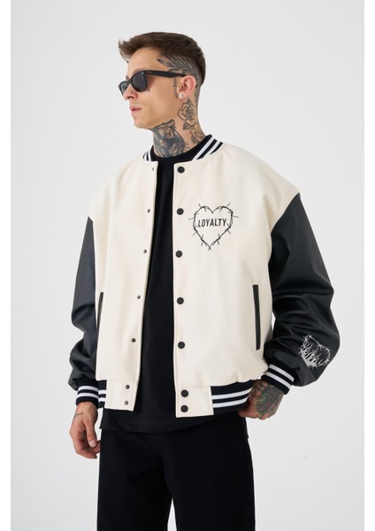 Erkek Hell Fire Club Oversize Bomber Ceket Ecru