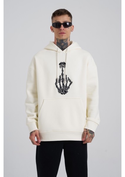 Erkek Middle Finger Baskılı Kapüşonlu Oversize Ekru Sweatshirt
