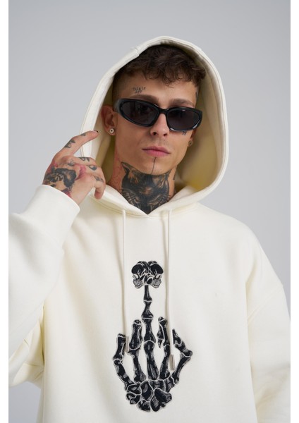 Erkek Middle Finger Baskılı Kapüşonlu Oversize Ekru Sweatshirt
