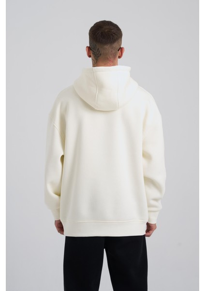 Erkek Middle Finger Baskılı Kapüşonlu Oversize Ekru Sweatshirt