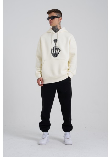 Erkek Middle Finger Baskılı Kapüşonlu Oversize Ekru Sweatshirt