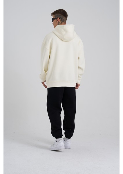 Erkek Middle Finger Baskılı Kapüşonlu Oversize Ekru Sweatshirt
