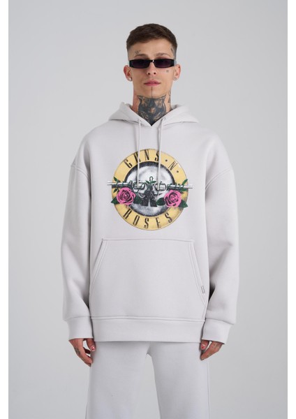 Erkek Guns Baskılı Kapüşonlu Oversize Açık Gri Sweatshirt