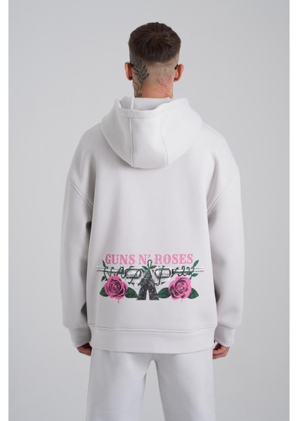 Erkek Guns Baskılı Kapüşonlu Oversize Açık Gri Sweatshirt