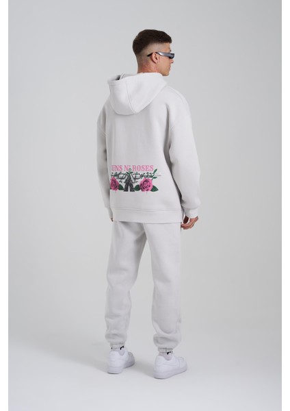 Erkek Guns Baskılı Kapüşonlu Oversize Açık Gri Sweatshirt