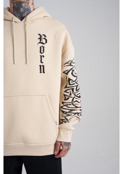 Erkek Ethnic Born Again Baskılı Kapüşonlu Açık Bej Sweatshirt