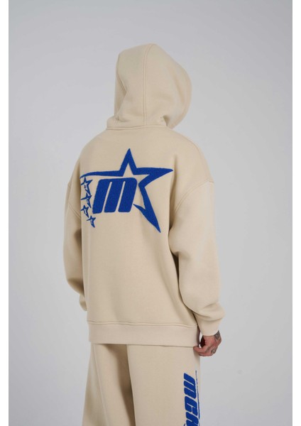 Erkek Stars Nakışlı Kapüşonlu Oversize Açık Bej Sweatshirt