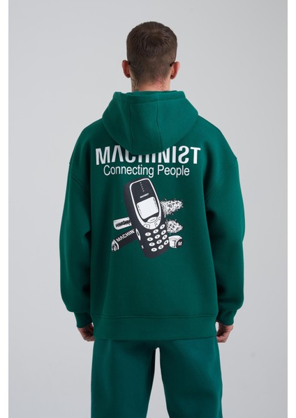 Erkek Connecting People Baskılı Kapüşonlu Petrol Yeşili Sweatshirt