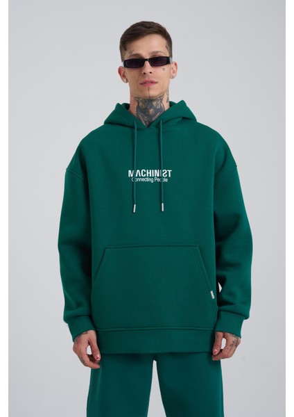 Erkek Connecting People Baskılı Kapüşonlu Petrol Yeşili Sweatshirt