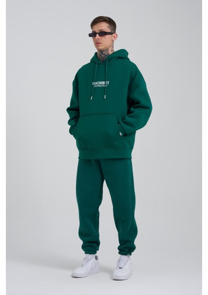 Erkek Connecting People Baskılı Kapüşonlu Petrol Yeşili Sweatshirt