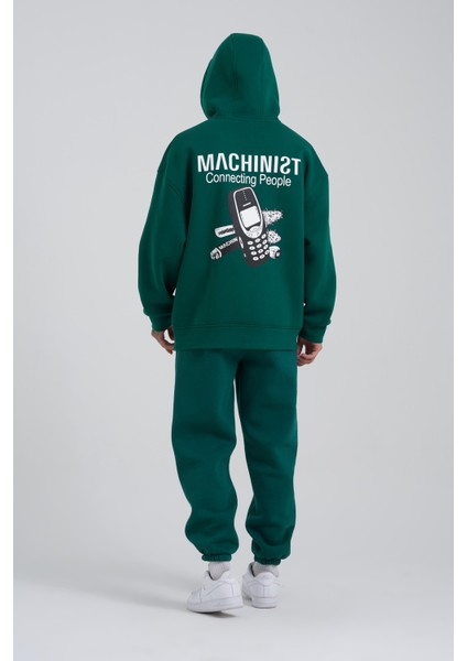 Erkek Connecting People Baskılı Kapüşonlu Petrol Yeşili Sweatshirt